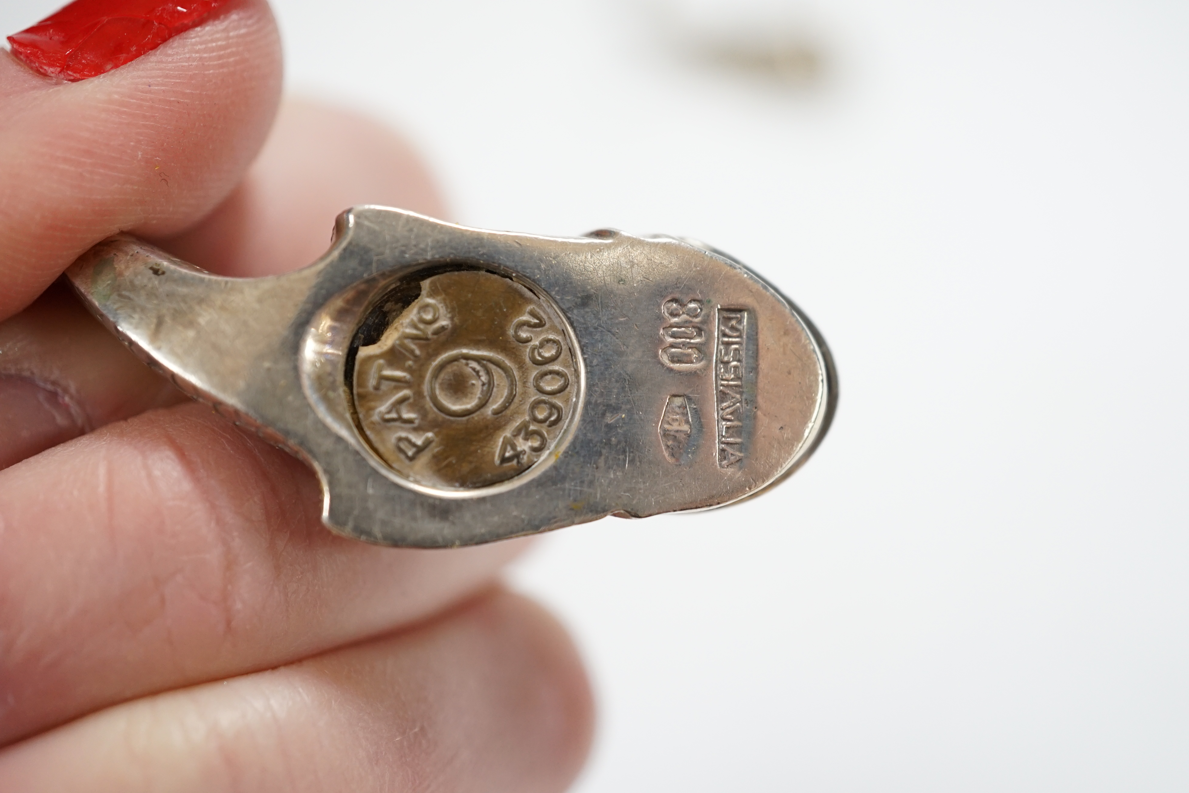 A pair of 20th century Italian Missiaglia 800 standard white metal novelty pepperettes, modelled as fish, length 42mm.